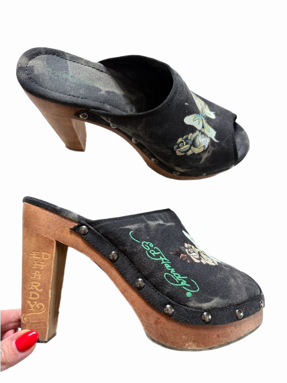 VTG Ed Hardy Y2K Butterfly Black Tie Dye Shoes 8 Wooden Platform Mules Festival